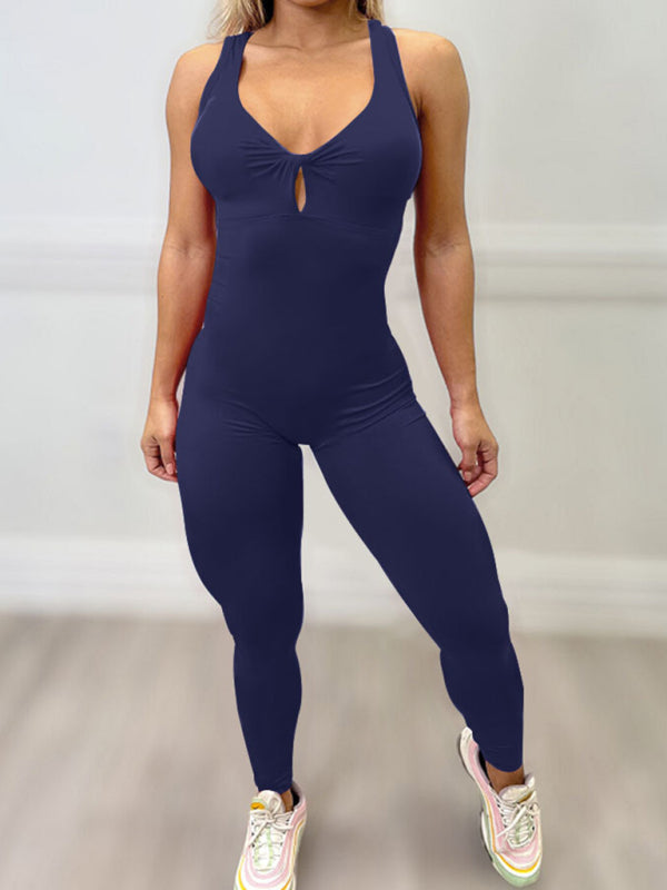 Women's Crisscross Back Athletic Jumpsuit - High-Waist & Sleeveless