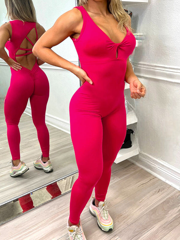 Women's Crisscross Back Athletic Jumpsuit - High-Waist & Sleeveless