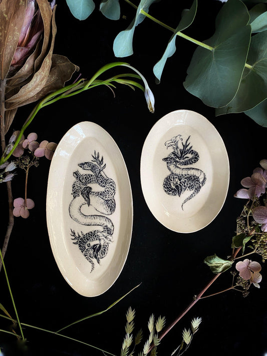 Black Sgraffito Snake and Poison Plant Ceramic Offering Plates