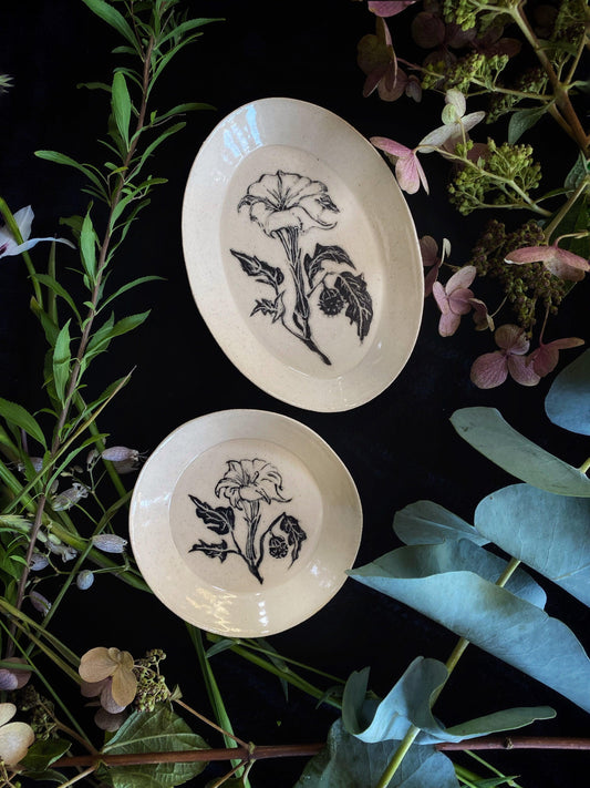 Black Sgraffito Datura Ceramic Offering Plates