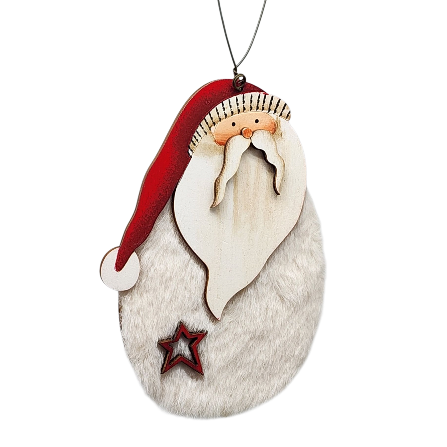 Fuzzy Wooden Santa Ornament - 5 Inches