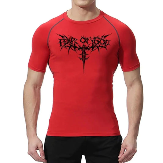 Hmhnsya Mens Compression Shirt Anime Print Gym Sports Quick Dry Gym T-Shirts Fitness Sports Elasticity Tops T-Shirt (RedLarge)