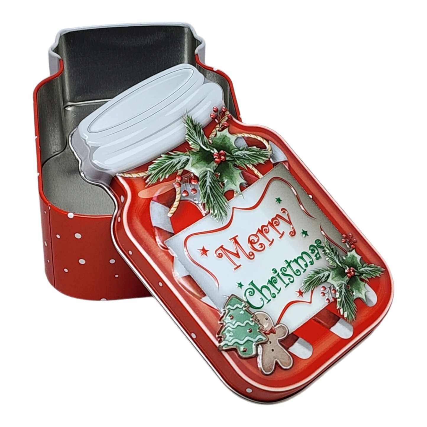 Jar Shaped Christmas Cookie Gift Tin - Merry Christmas Holly