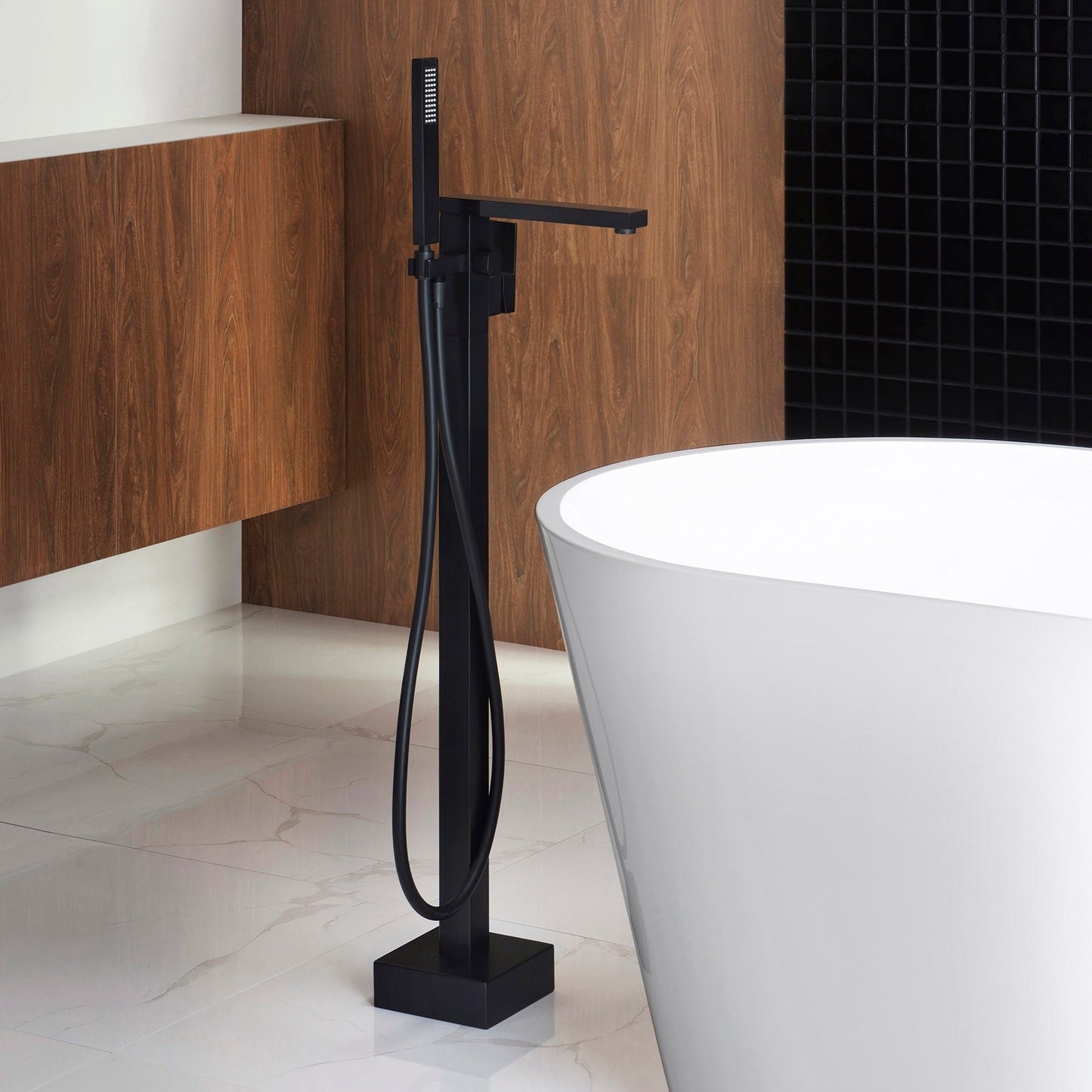 WOODBRIDGE F0003BN Contemporary Single Handle Floor Mount Freestanding Tub Filler Faucet with Hand shower