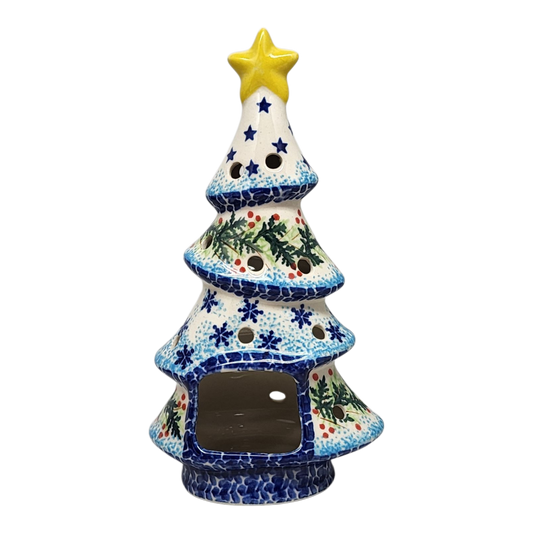 Polish Pottery Christmas Tree Luminary - Winter Wonderland Pattern