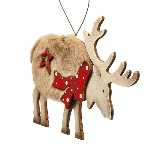 Fuzzy Wooden Reindeer Ornament - Looking Right