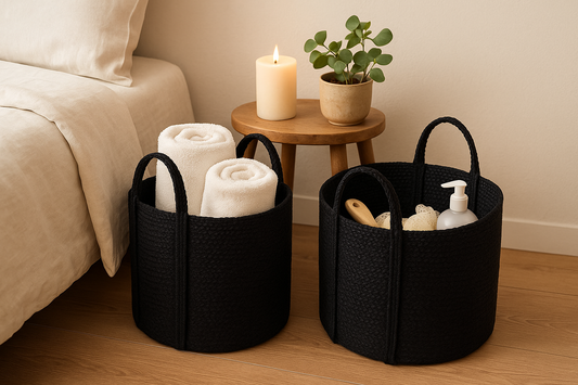 Kitchen + Metal Black Woven Storage Baskets - Bedroom/Spa Lifestyle