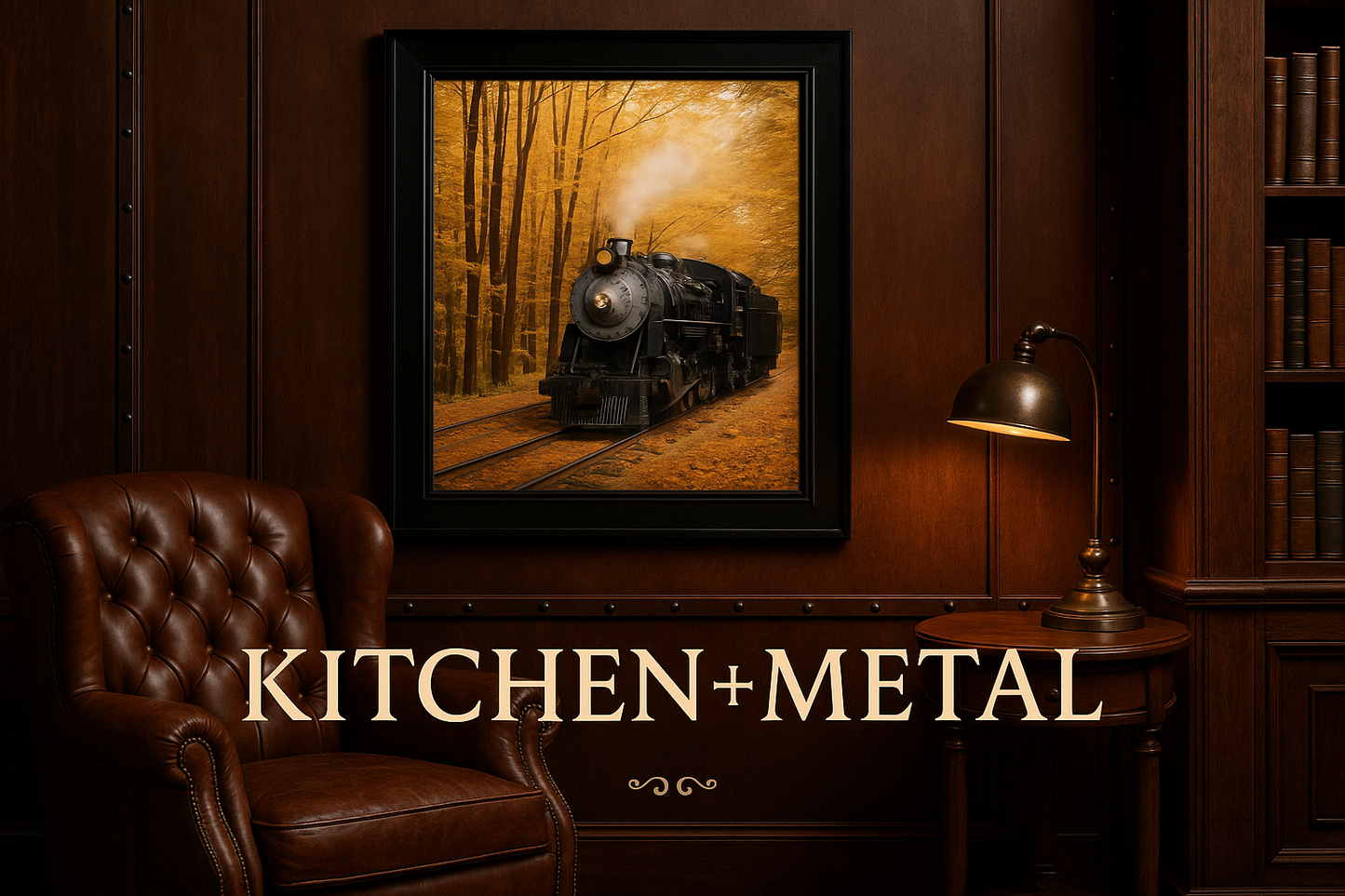 Kitchen + Metal branded home decor image featuring vintage steam train artwork in a cozy study setting