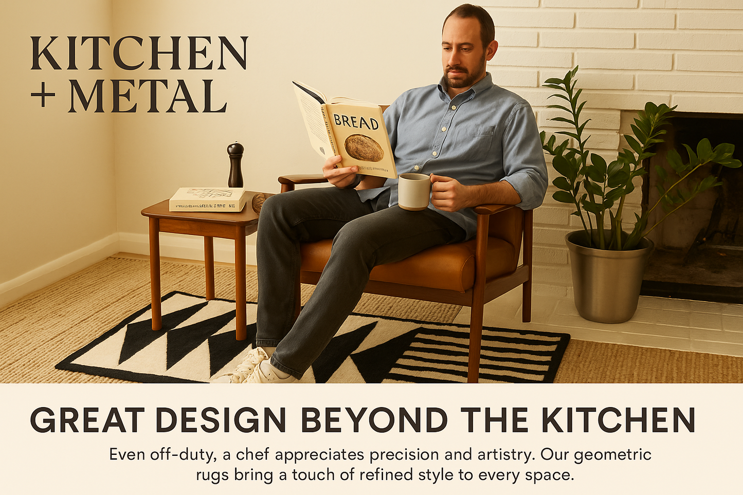 Kitchen + Metal branded lifestyle scene featuring geometric rug in chef's home