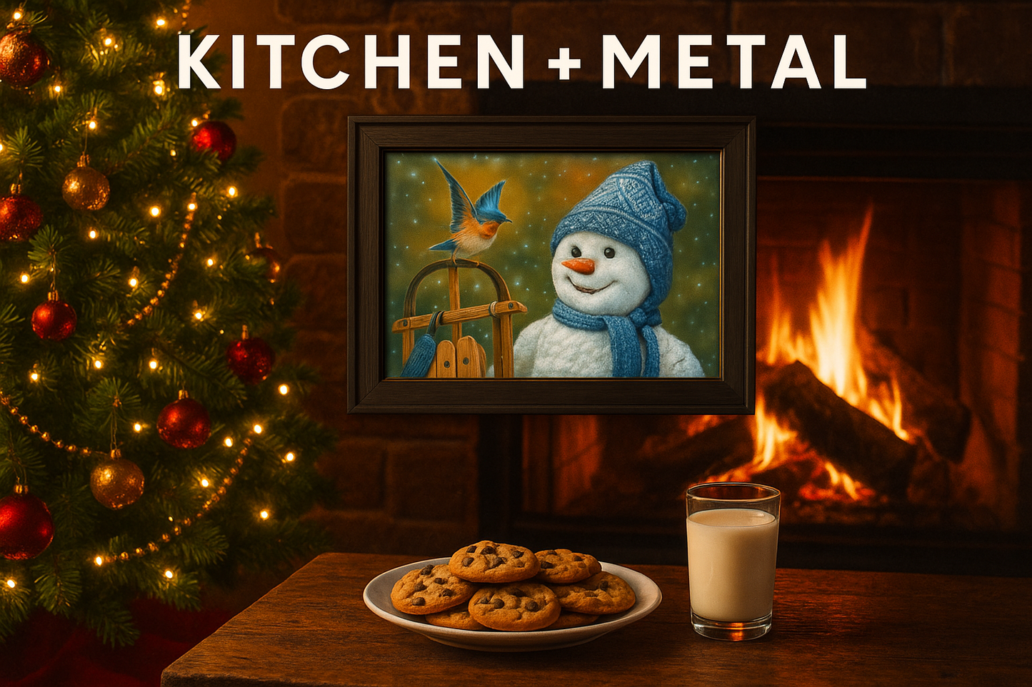 Kitchen + Metal Christmas fireplace scene