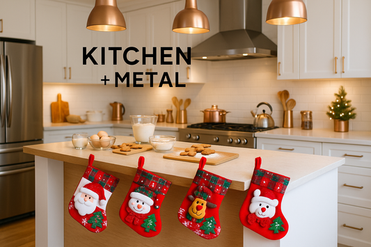 Kitchen + Metal Christmas stockings in a modern kitchen setting