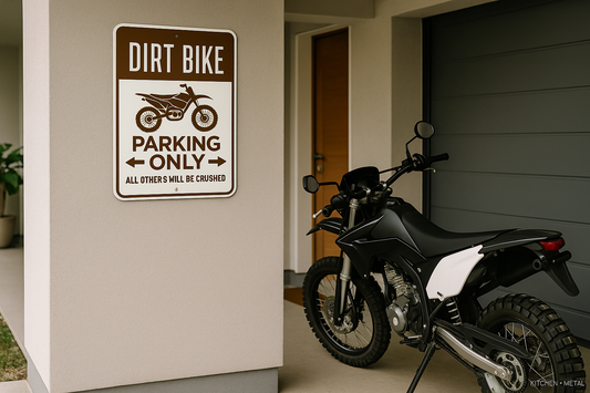 Kitchen + Metal Dirt Bike Parking Sign in Home Setting