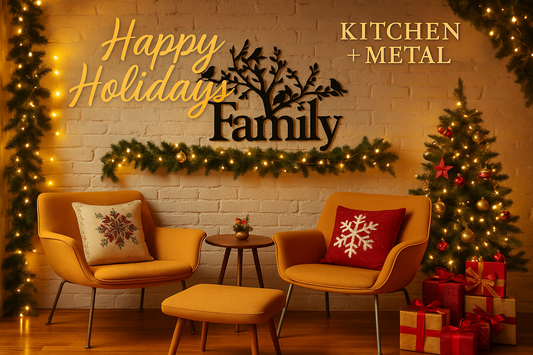 Kitchen + Metal Family Tree Wall Art in Festive Holiday Home Setting