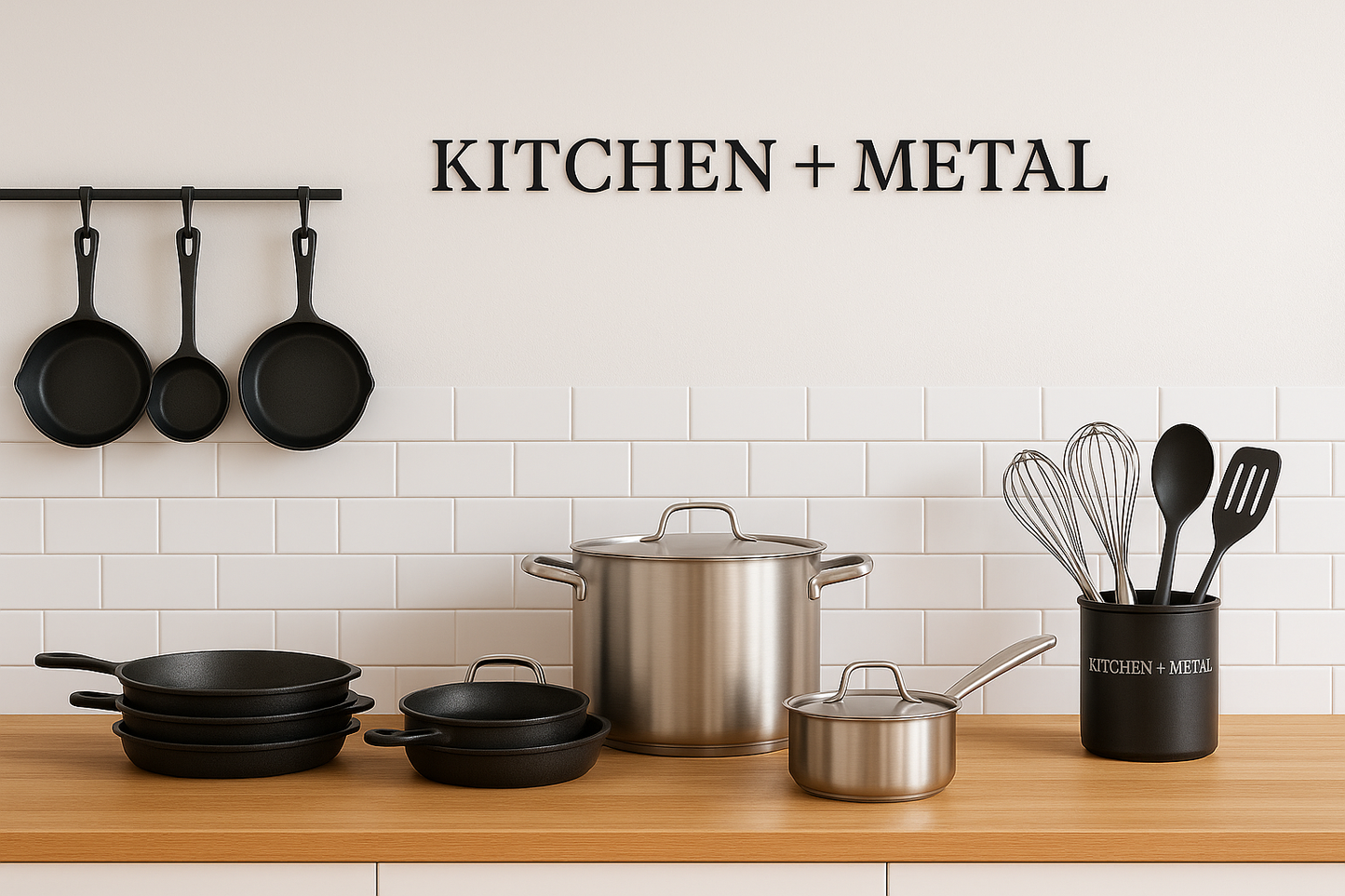 Kitchen + Metal lifestyle image featuring premium cookware and typography in a modern kitchen setting