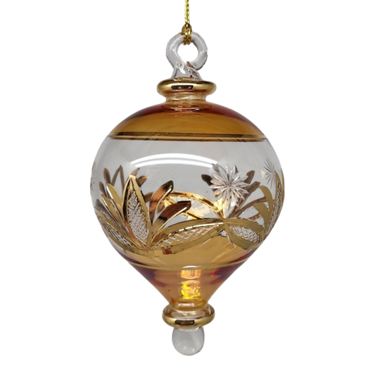 Etched Gold Teardrop Blown Glass Ornament - Gold
