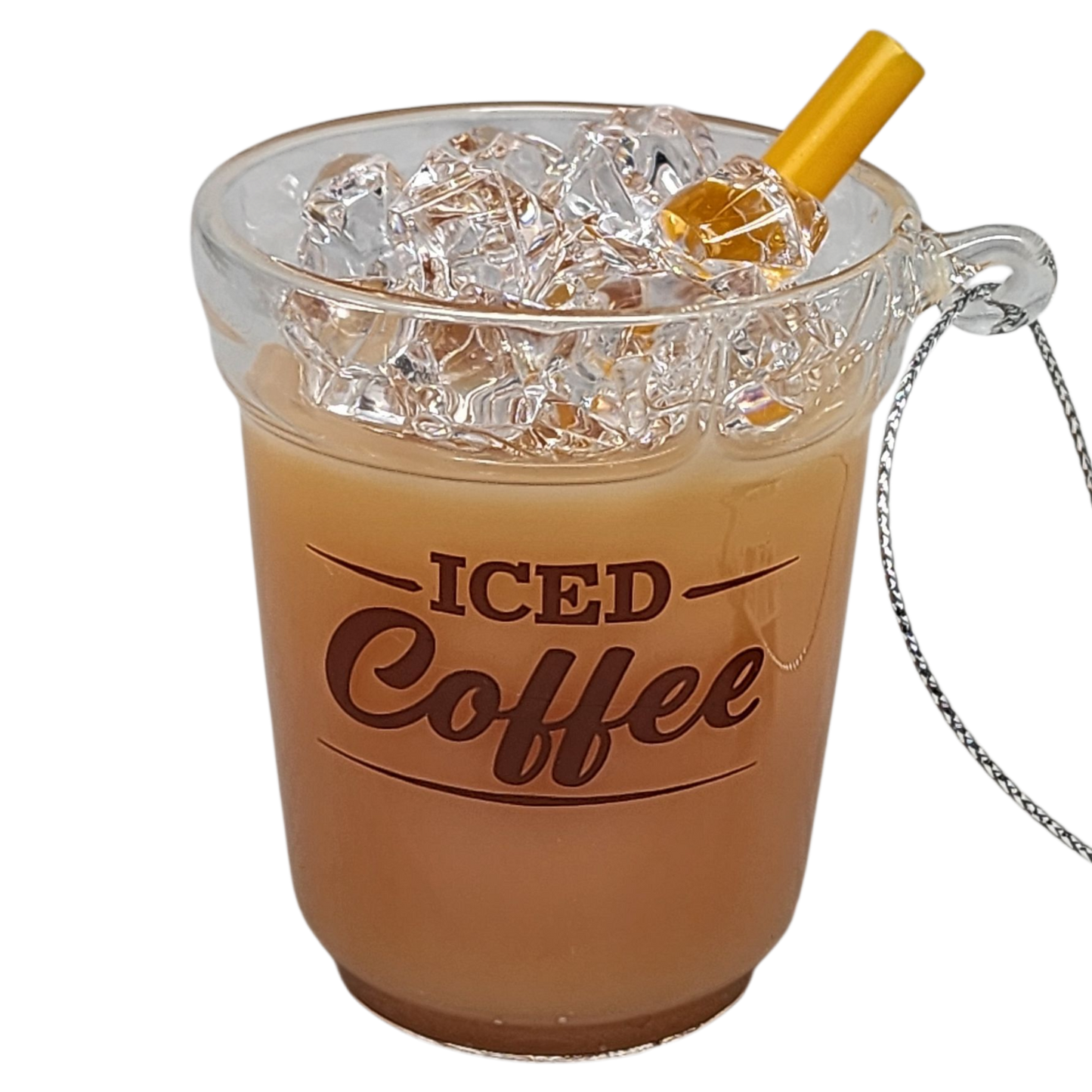 Ice cream cone-shaped container with 'ICED Coffee' text, filled with ice and a yellow cherry on top, on a white background.