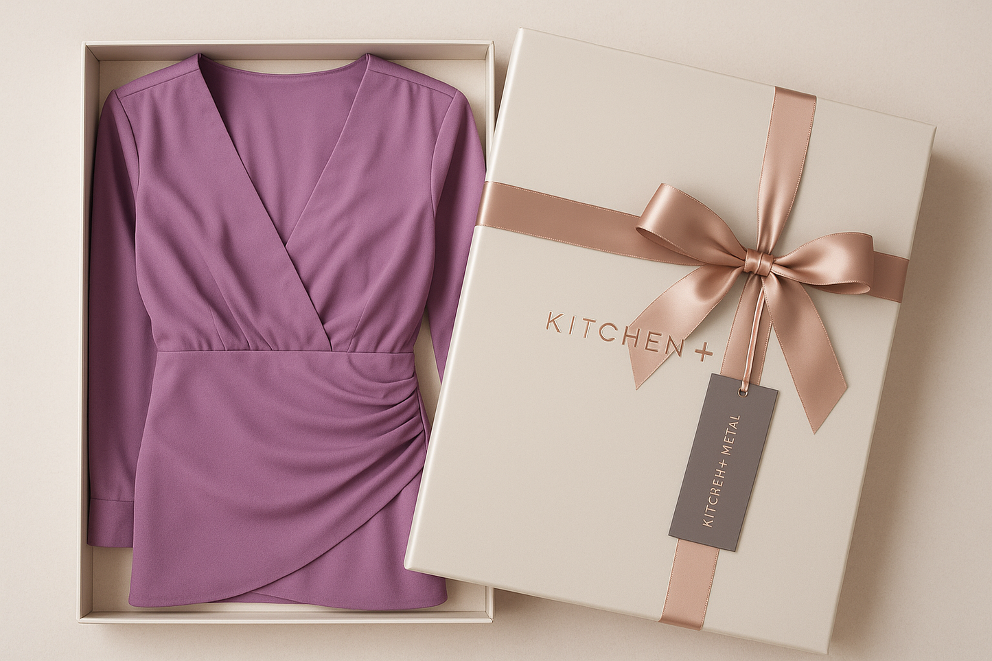 Lavender wrap dress gift wrapped with Kitchen + Metal branding