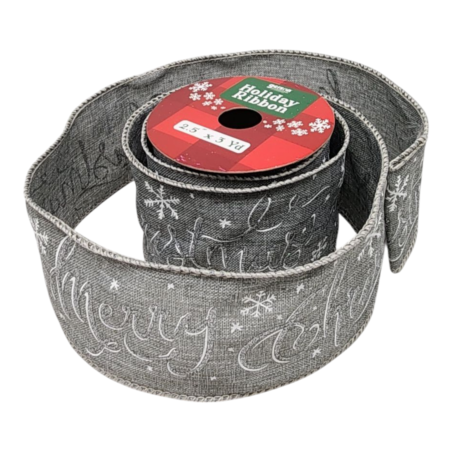 2.5" x 3 Yard Christmas Ribbon - Silver Merry Christmas