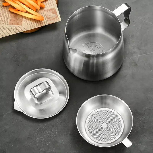 Stainless Steel Oil Filter Pot with Fine Mesh Strainer & Fry Basket – Grease Container for Kitchen Cooking Oil Storage