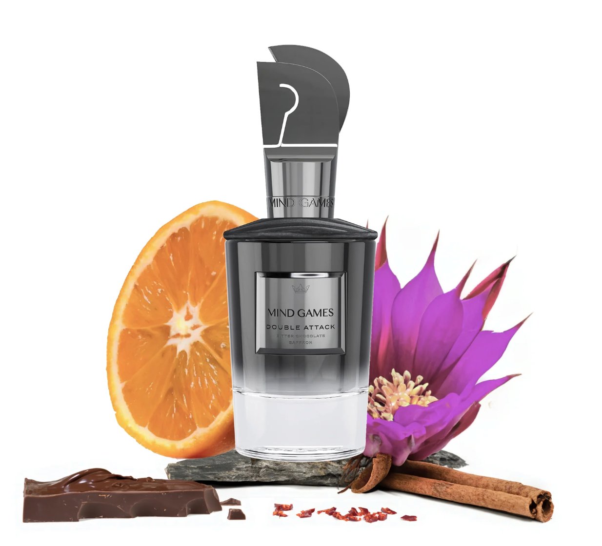 Perfume bottle labeled 'Mind Games' with an orange, purple flower, and cinnamon stick on a white background