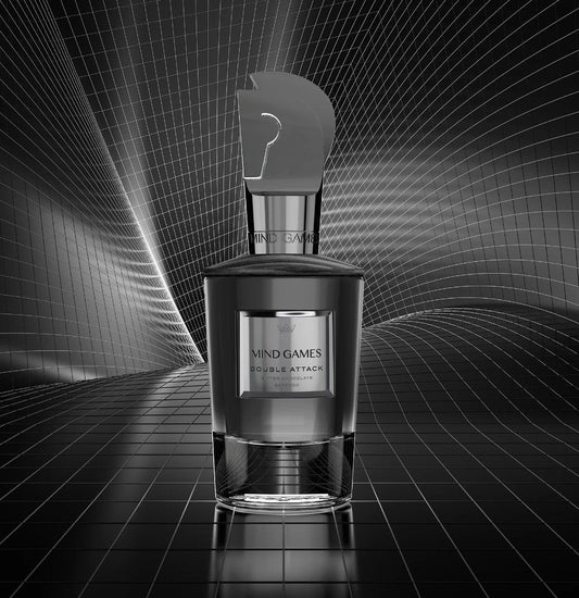 Perfume bottle labeled 'Mind Games Double Attack' on a black and gray grid background