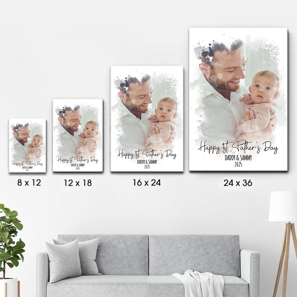 Custom Photo Watercolor First Father's Day - Personalized Poster/Canvas - New Dad Gift From Wife, First Father's Day
