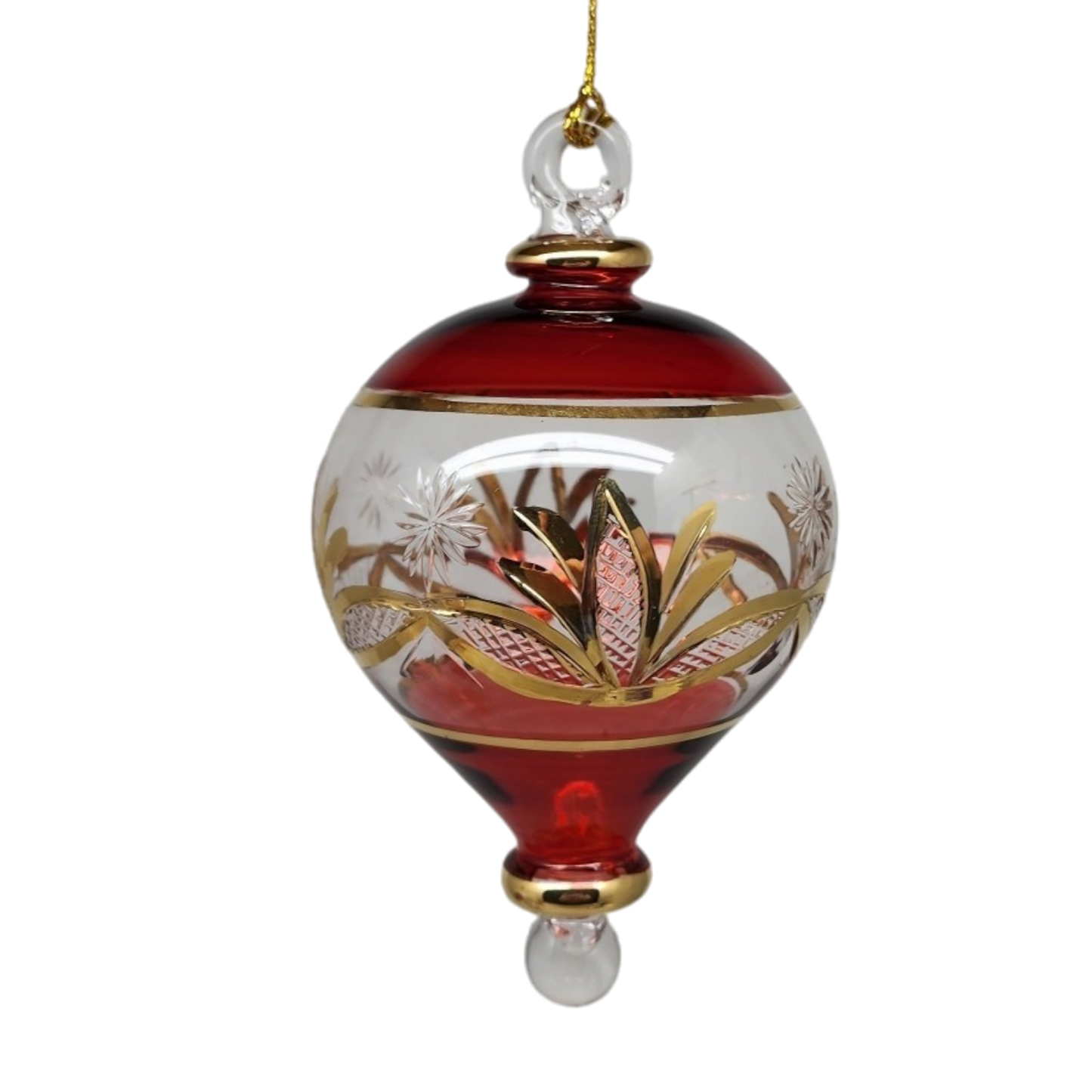 Etched Gold Teardrop Blown Glass Ornament - Red