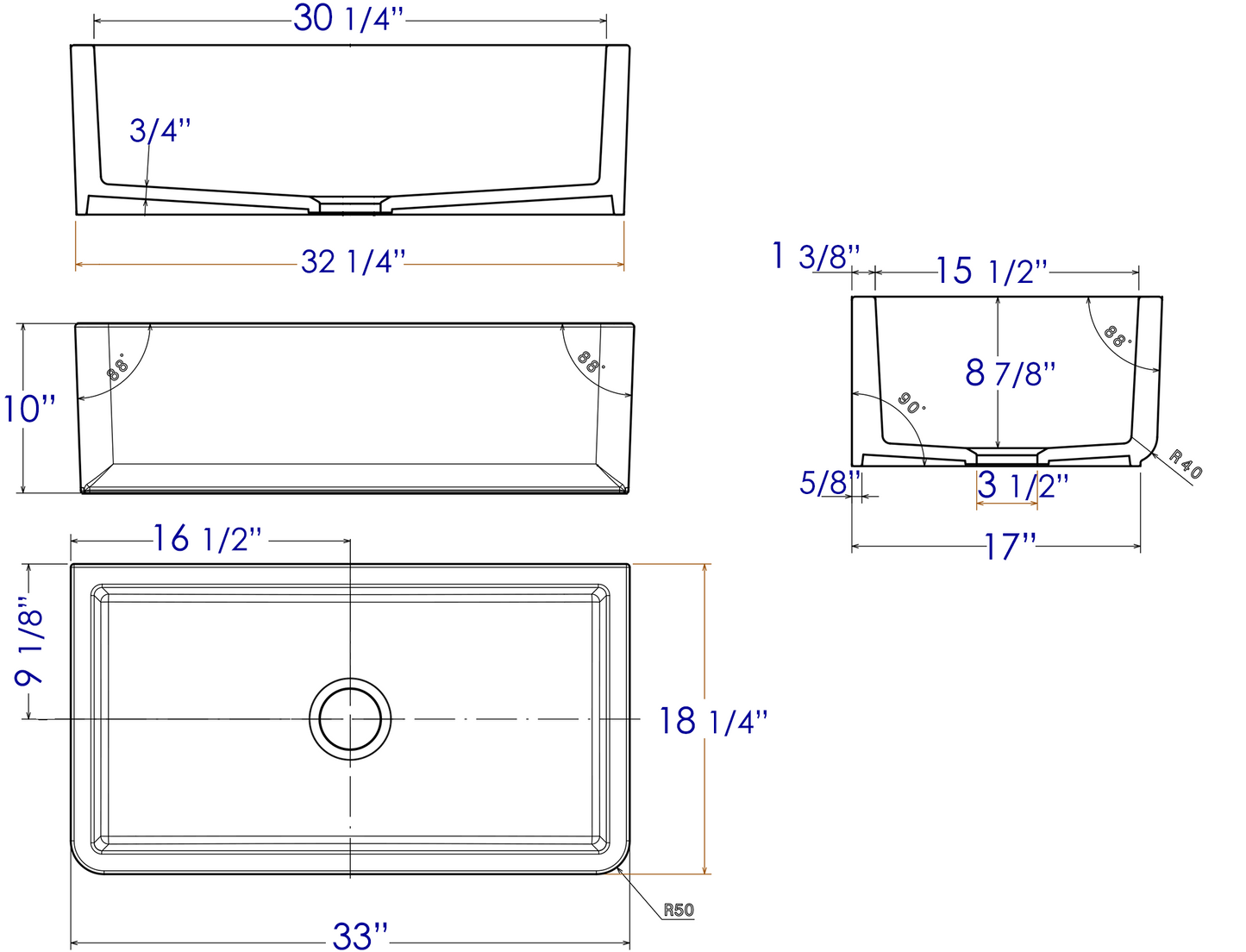 ALFI brand AB3318SB Smooth Apron Solid Thick Wall Fireclay Single Bowl Farm Sink