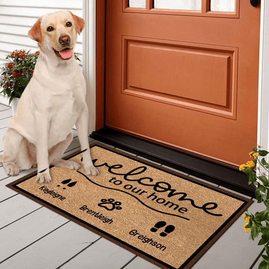 Paw Prints - Welcome To Our Home - Personalized Doormat - Birthday, Housewarming, Funny Gift for Homeowners, Friends, Dog Mom, Dog Dad, Dog Lovers, Pet Gifts for Him, Her
