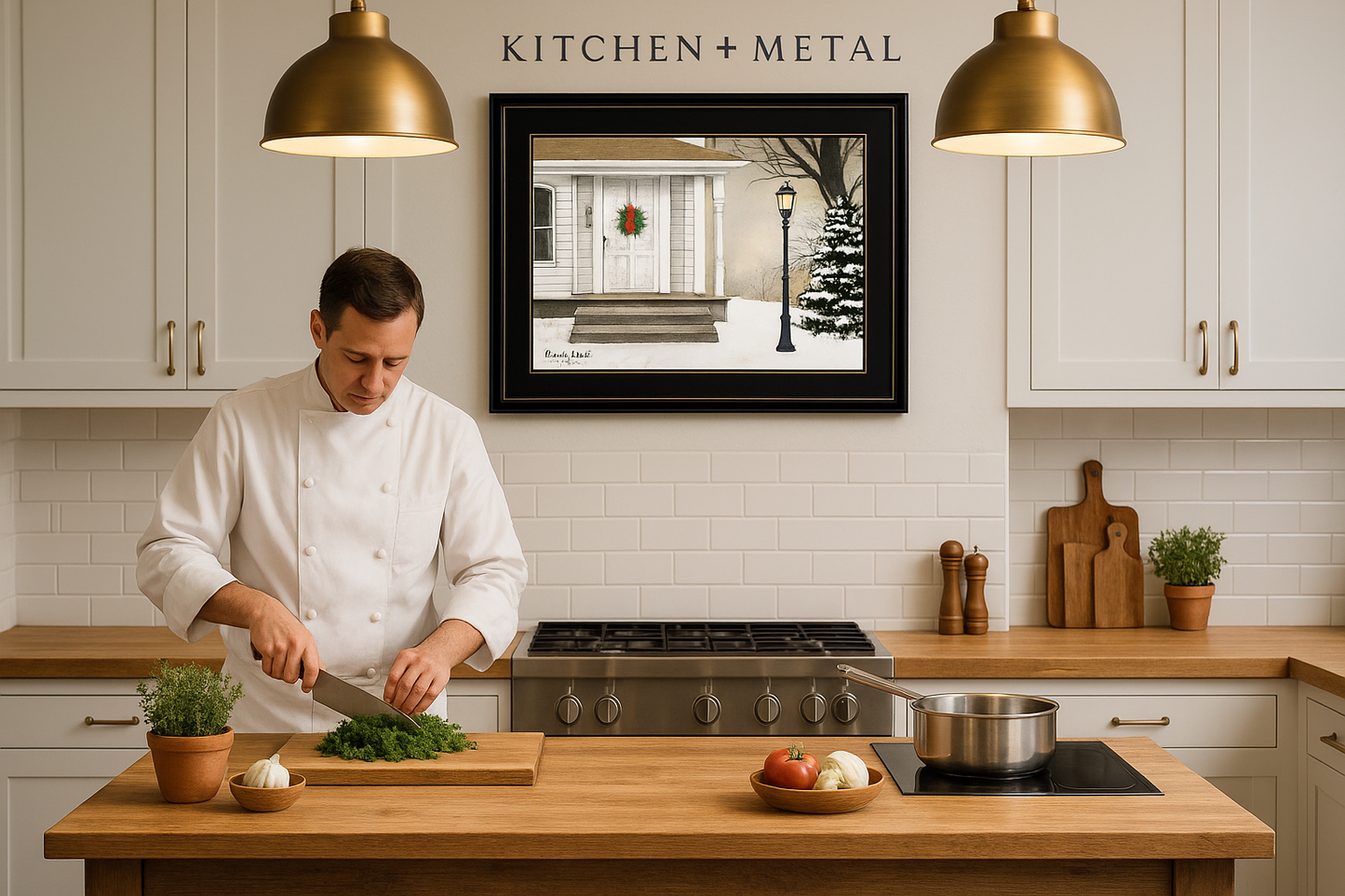 Peace on Earth Winter Art in Kitchen + Metal Chef's Kitchen Setting