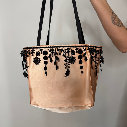 Chic Mini Silk Handbag – Black and Peach