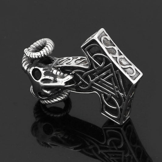 Vikings Thor's Ram Skull Mjolnir Stainless Steel Necklace