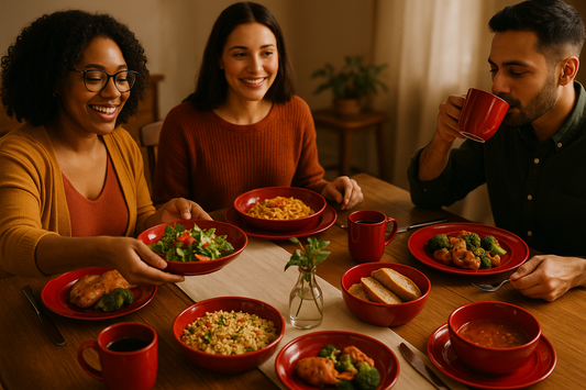 People using Elama Gia 24 Piece Round Stoneware Dinnerware Set in Red