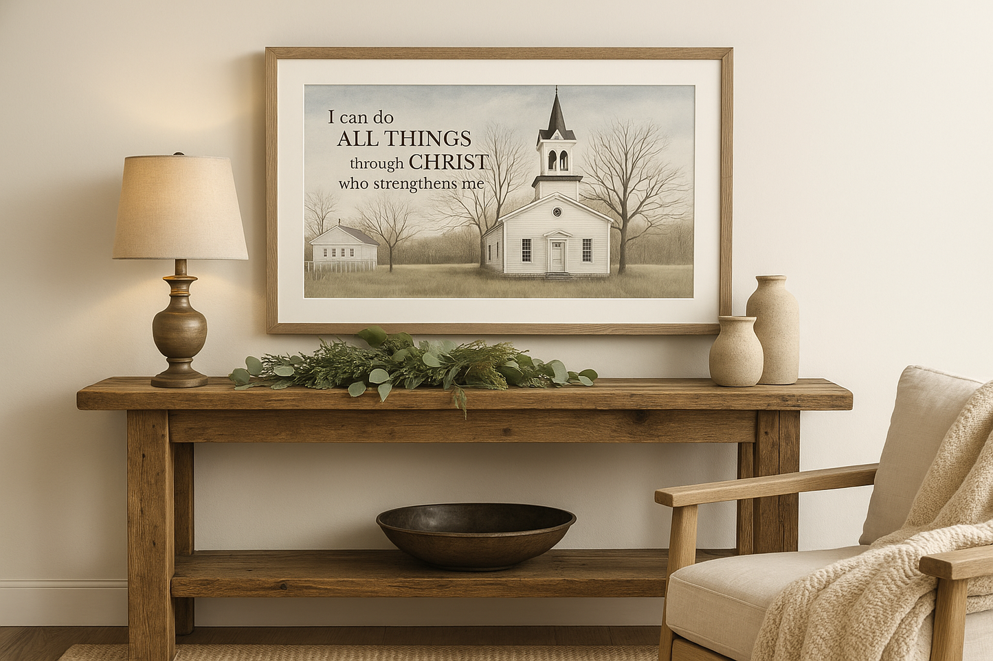 Philippians 4:13 Church Art in Kitchen + Metal Living Room Setting