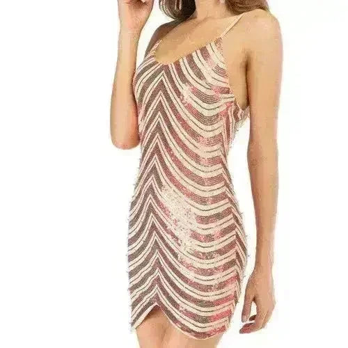 Sequin dress stretch sequin skirt open back beaded spaghetti strap