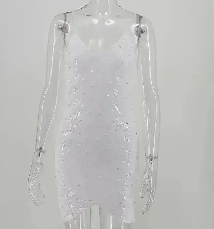 Sequin dress stretch sequin skirt open back beaded spaghetti strap