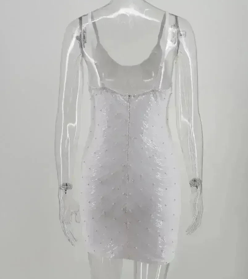 Sequin dress stretch sequin skirt open back beaded spaghetti strap