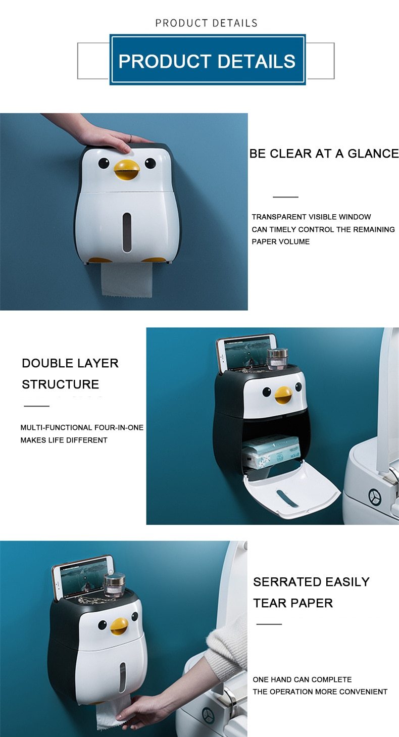 Creative Penguin Toilet Roll Paper Holder Waterproof Wall Mounted