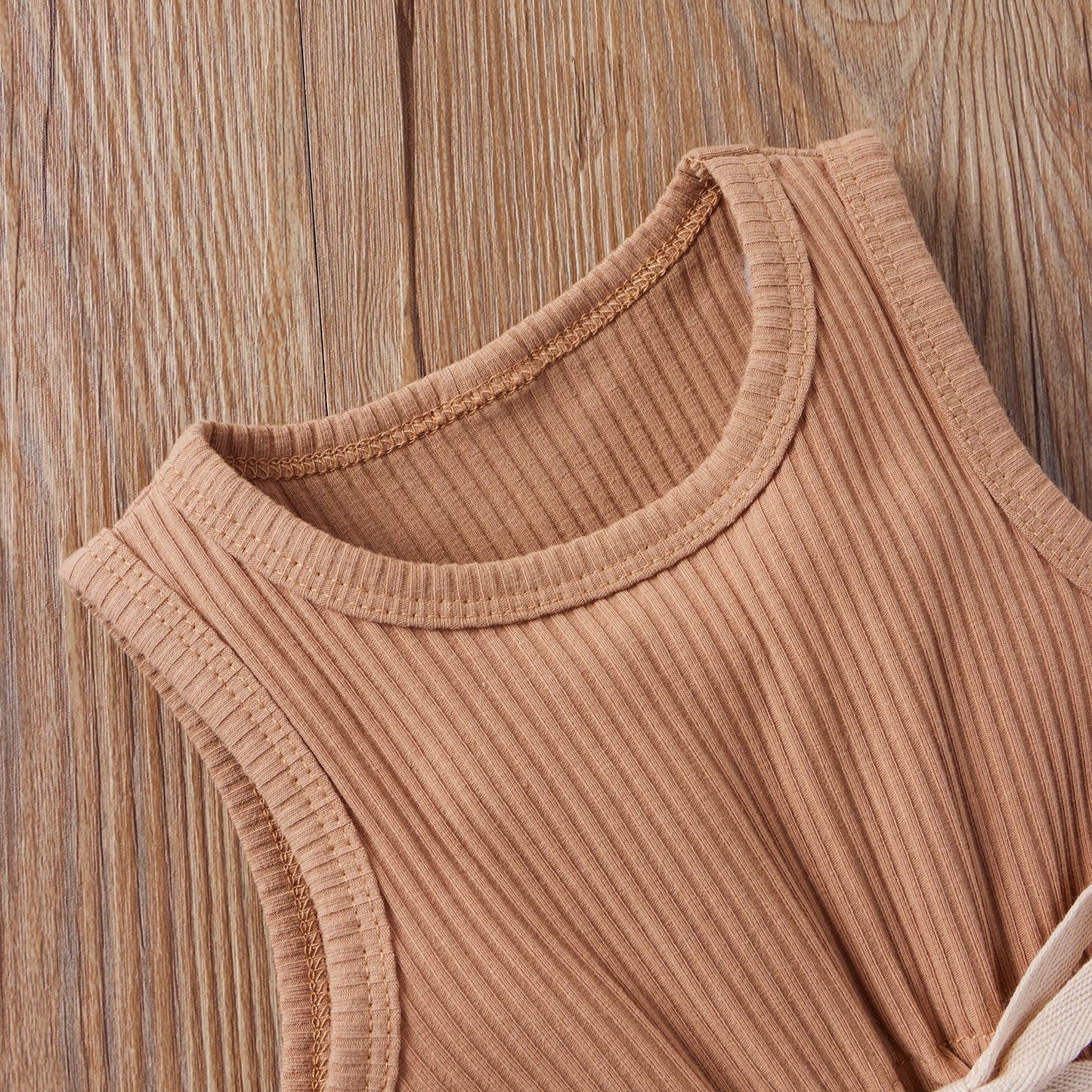 Baby Ribbed Knitted Graphic Belted Design Sleeveless Crotch Rompers