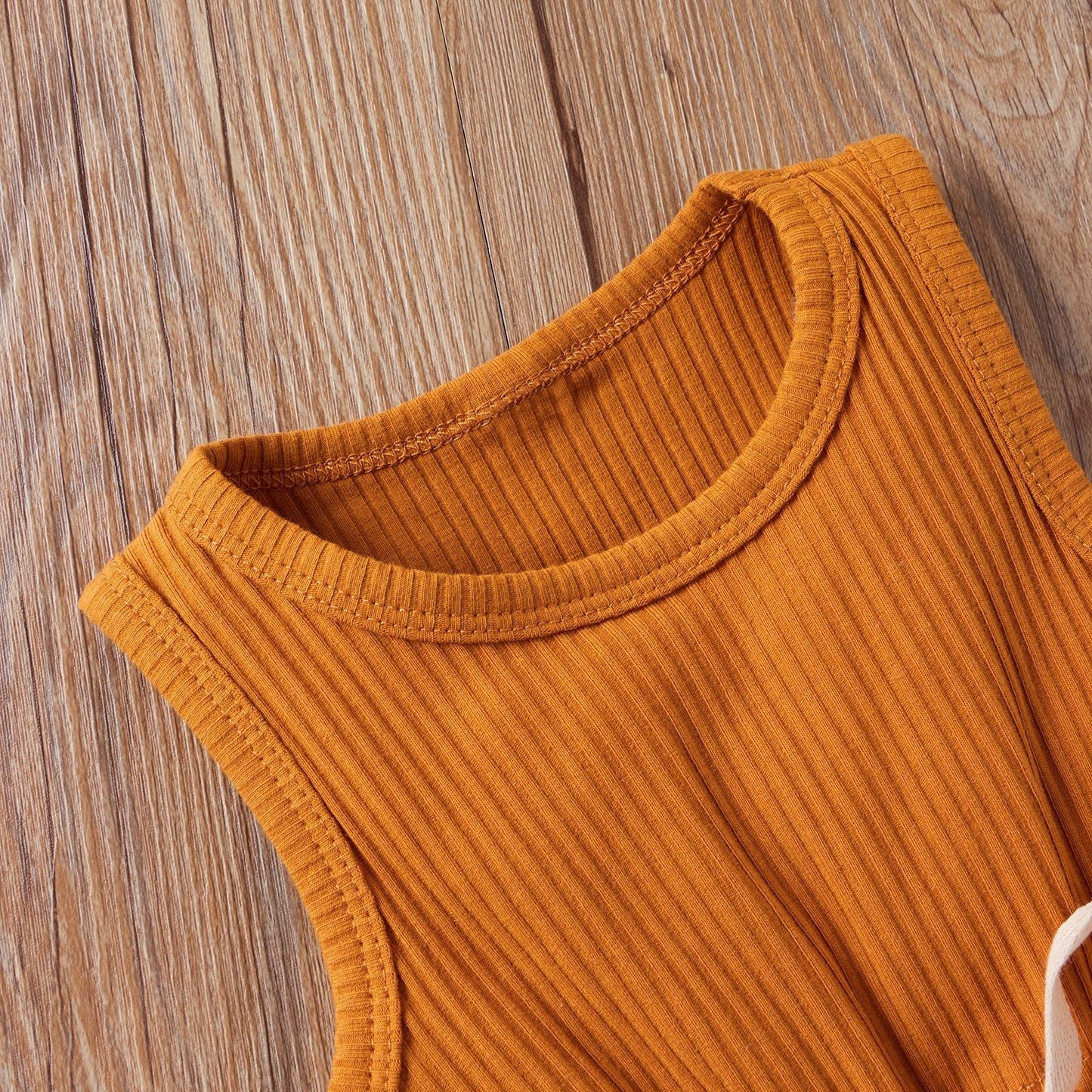 Baby Ribbed Knitted Graphic Belted Design Sleeveless Crotch Rompers