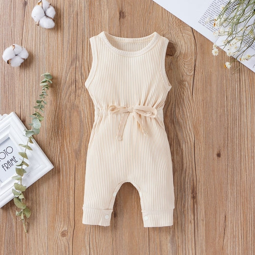 Baby Ribbed Knitted Graphic Belted Design Sleeveless Crotch Rompers