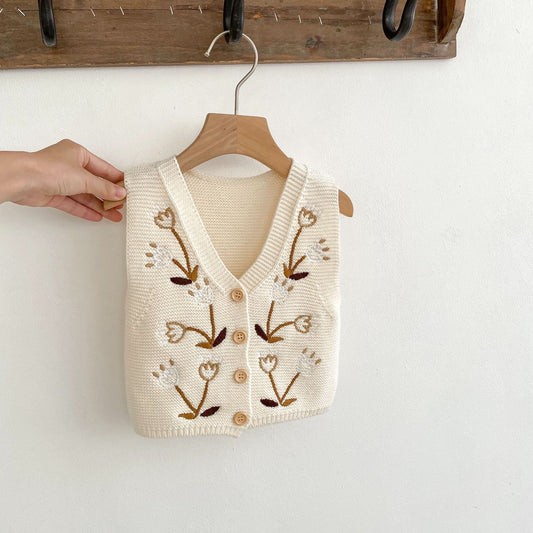 Floral Graphic V-Collar Sleeveless Knit Cardigan