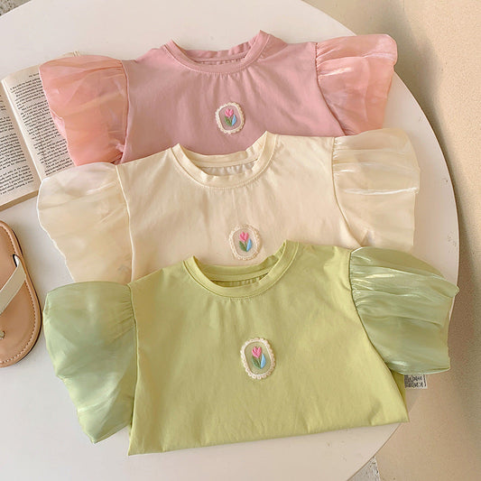 Summer New Design Girls Crew Neck Short Lantern Sleeves Little Flower