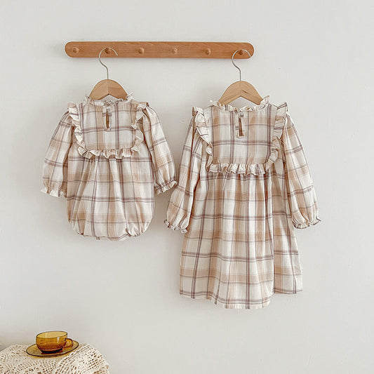 Western Style Plaid Pattern Sisterly Onesie & Dress