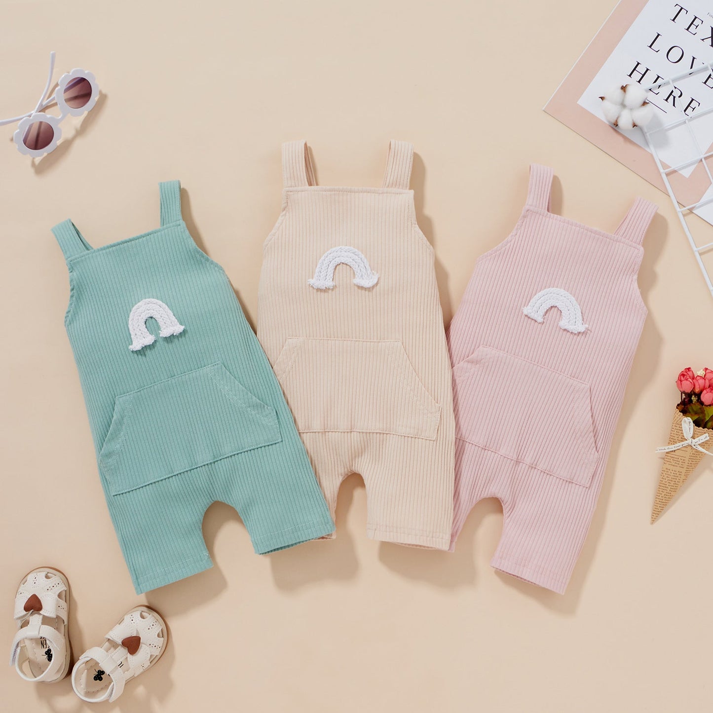 Baby Ribbed Knitted Graphic Rainbow Embroidered Pattern Sleeveless