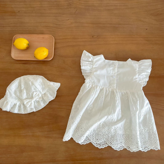 Baby Girls Embroidered Pattern Hollow Carved Design Dress With Hat In