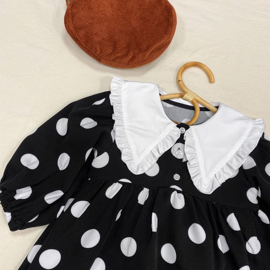 Baby Girls Polka Dot Print Turn-Down Collar Design Pull Sleeved Dress