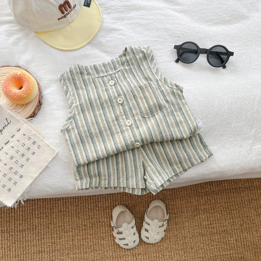 Summer Baby Kids Boys Striped Pattern Sleeveless Vest And Shorts