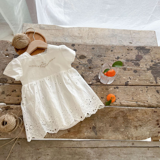 Baby Girl Solid Combo Embroidered Short-Sleeved Square Collar Dress