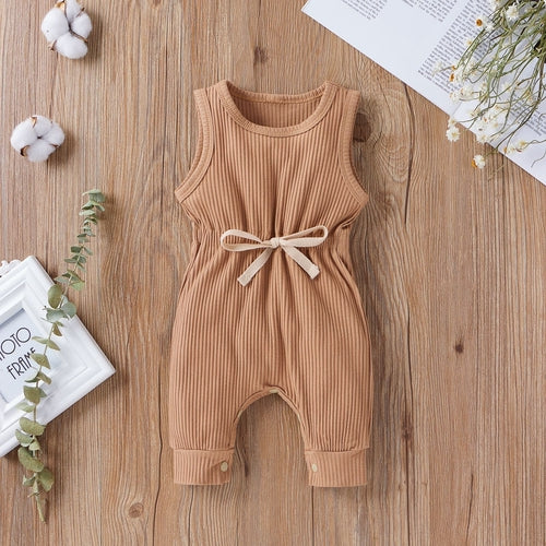 Baby Ribbed Knitted Graphic Belted Design Sleeveless Crotch Rompers
